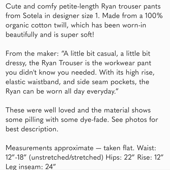 Sotela Ryan Trousers Olive Green Cotton Twill Pull On High Rise Casual Pants 1 - Picture 6 of 6